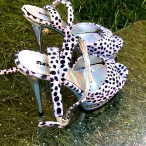 SNOW Leopard Faux Fur Sandals, Platform, Ankle Straps & Metallic Base